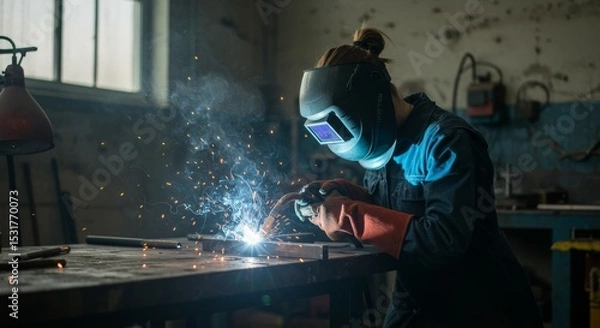Fototapeta Skilled female welder in protective gear working on metal in a workshop, creating sparks and smoke. Represents industry, craftsmanship, and labor.