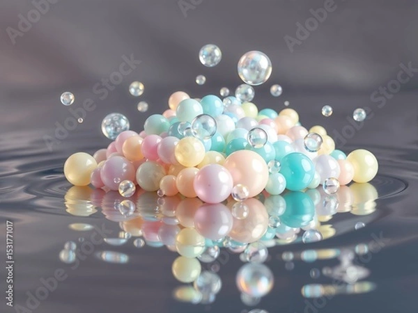 Fototapeta dreamlike abstract image featuring a mound of iridescent, juicy bubbles suspended on a glossy, reflective surface