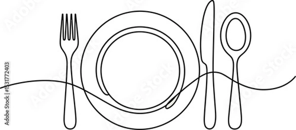 Fototapeta Continuous one line drawing of knife, plate, spoon