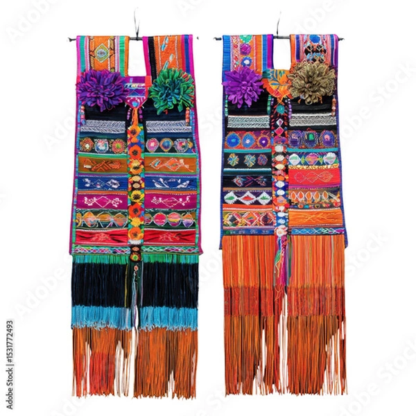 Fototapeta Colorful Textile Wall Hanging with Decorative Flowers and Fringes