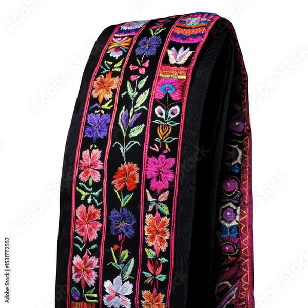 Fototapeta Colorful Floral Embroidery on Dark Fabric with Intricate Design
