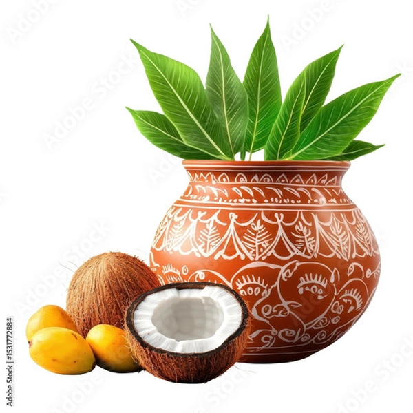 Fototapeta Traditional Clay Pot with Green Leaves and Fresh Fruits on Display