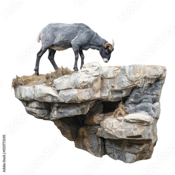 Fototapeta Mountain Goat Standing on Rocky Cliff Edge Against White Background