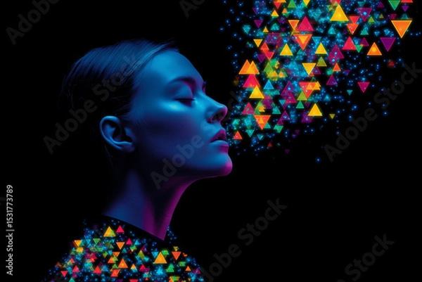 Fototapeta Woman Profile with Colorful Triangles and Particles on Black Background