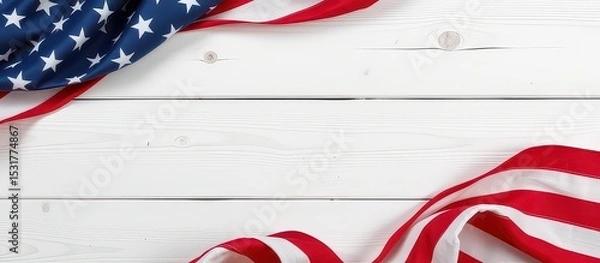 Fototapeta American flag ribbons draped over a rustic white wooden surface.