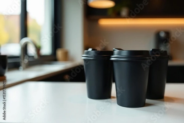 Fototapeta Three black coffee cups with lids on white wood, modern cafe setting , branding, simple