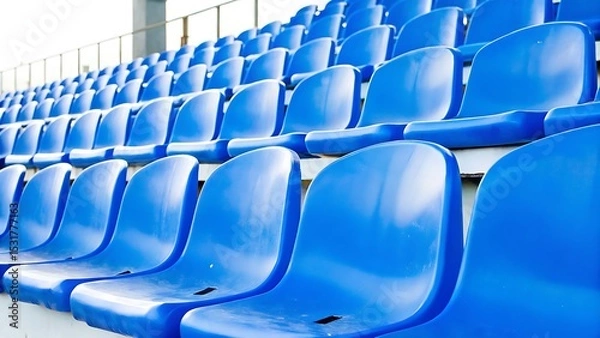 Fototapeta A close up view of rows of blue stadium seats in an outdoor setting with bright lighting overhead