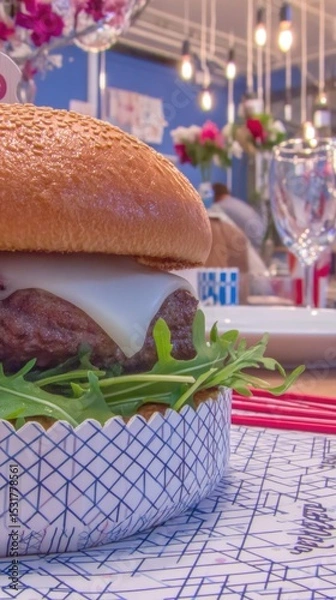 Obraz Close-up of a burger on a patterned plate