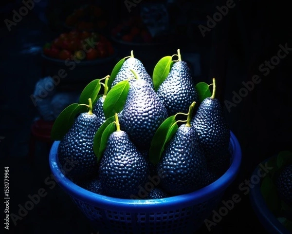 Obraz Close-up of a cluster of dark purple fruits in a blue basket, highlighted by light