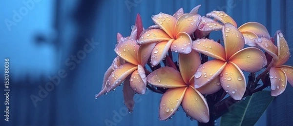 Obraz Close-up of a cluster of plumeria flowers with water droplets