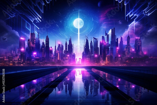 Obraz A futuristic digital city skyline at night with neon blue and purple lights