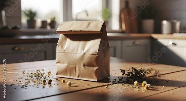 Obraz Sustainable Brown Paper Lunch Bag on Wooden Table with Dried Herbs