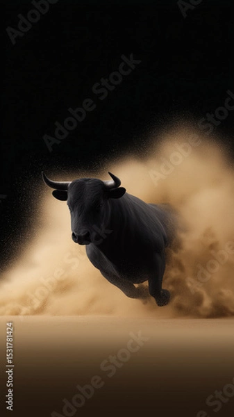 Fototapeta Charging black bull kicking up dust in dynamic motion with powerful energy