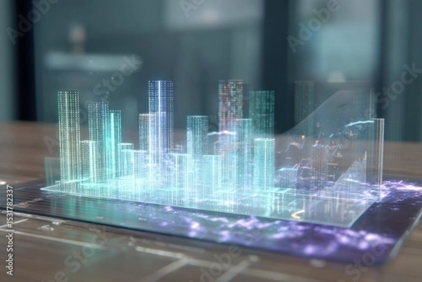 Fototapeta Holographic city model on a table displaying futuristic urban planning and architectural design