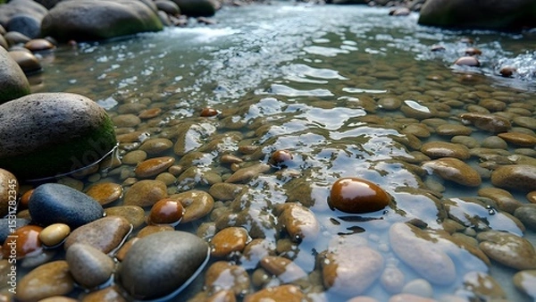 Obraz High-Resolution Seamless Pebble and Creekside Ground Textures with Natural Wet Stones and Riverbed Gravel – Perfect for Nature Scenes and Environmental Visualizations.