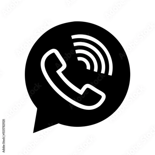 Obraz Black phone call icon with speech bubble and signal waves, communication symbol on white background
