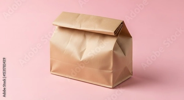 Obraz Simple Brown Paper Lunch Bag on Pink Background Eco-Friendly Packaging for Food Delivery and Takeout