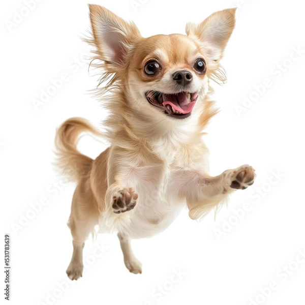 Obraz Happy Chihuahua dog jumping in air, showcasing its playful nature and excitement. This adorable pet is full of energy and joy