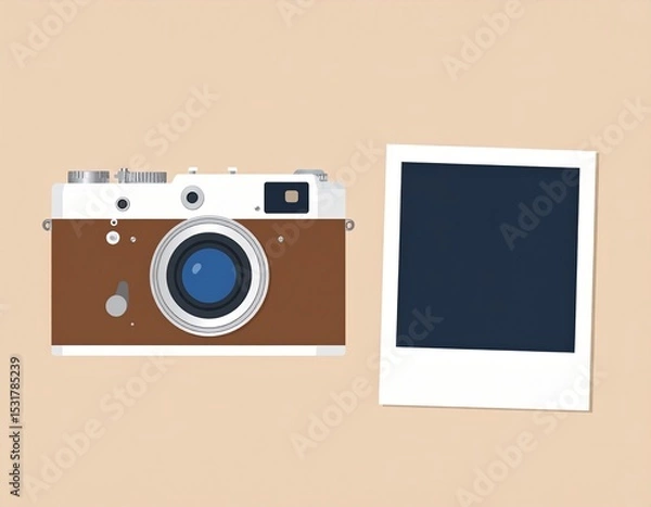 Obraz Generated image 베이지톤의 깔끔한 배경에 빈티지한 카메라와 폴라로이드 사진 일러스트 Illustration of a vintage camera and Polaroid photo on a clean beige background
