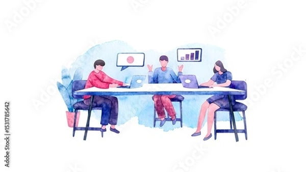 Fototapeta Team collaboration workshop office digital illustrations professional setting overhead view creative communication