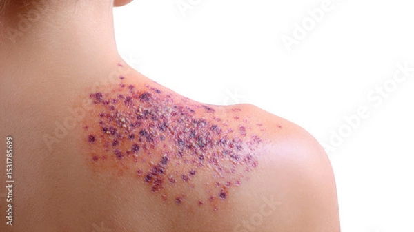 Fototapeta Shingles virus causing painful rash with blisters on back skin, isolated on transparent background, perfect for medical and healthcare publications