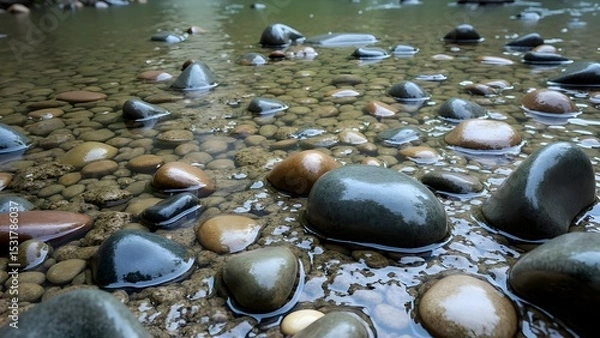 Obraz High-Resolution Seamless Pebble and Creekside Ground Textures with Natural Wet Stones and Riverbed Gravel – Perfect for Nature Scenes and Environmental Visualizations.