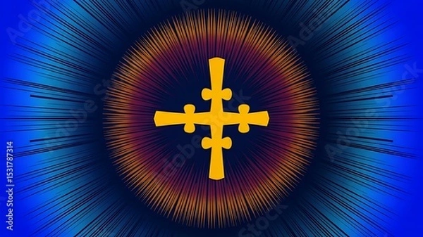 Fototapeta Radiant golden cross with spiritual glowing light rays on abstract blue background
