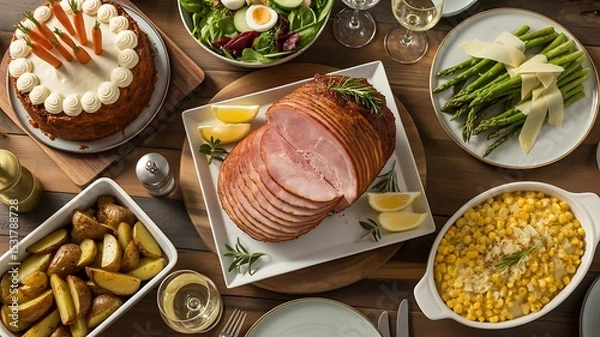 Fototapeta A table setting with ham, carrot cake, asparagus, corn, potatoes, and salad for a holiday meal