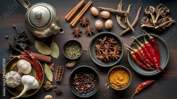 Fototapeta A still life of various spices and seasonings arranged with a teapot on a dark surface top view