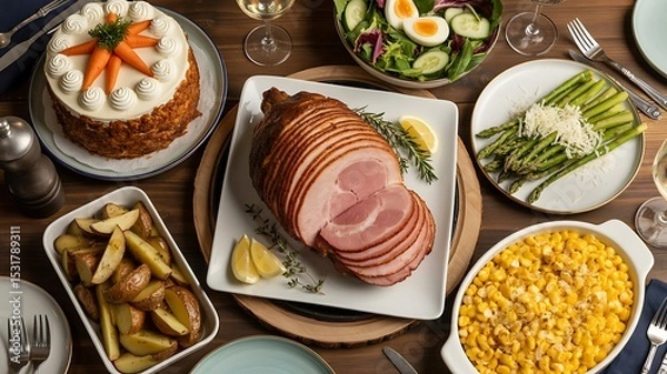 Fototapeta A table spread with ham, carrot cake, asparagus, corn, potatoes, salad, and wine glasses on wood