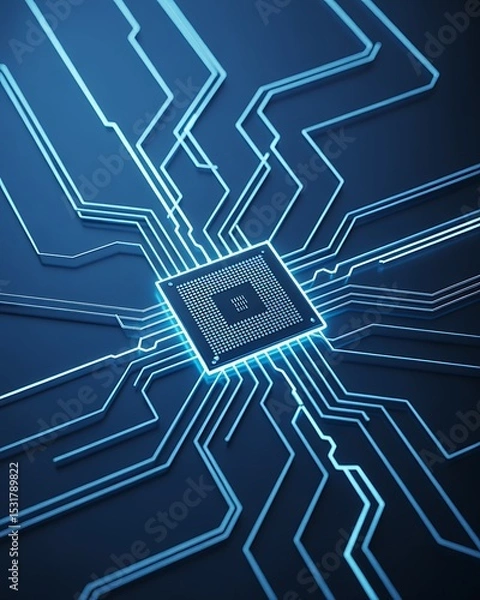 Fototapeta A close up of a microchip with blue circuit lines on a dark background in a vertical orientation