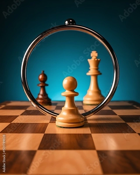 Fototapeta Chess pieces on a chessboard with a metal ring and blue background in a studio setting still life