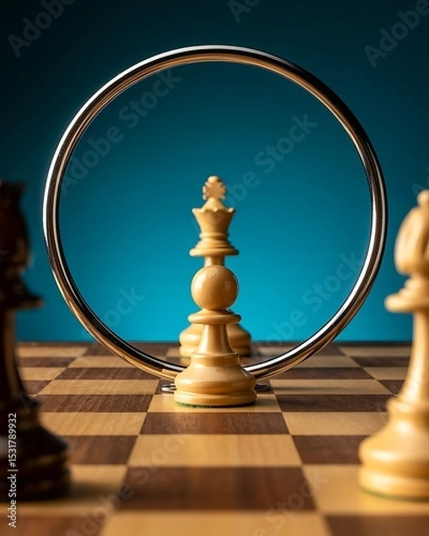 Fototapeta Chess pieces arranged on a board with a circular frame on a blue background in a studio setting