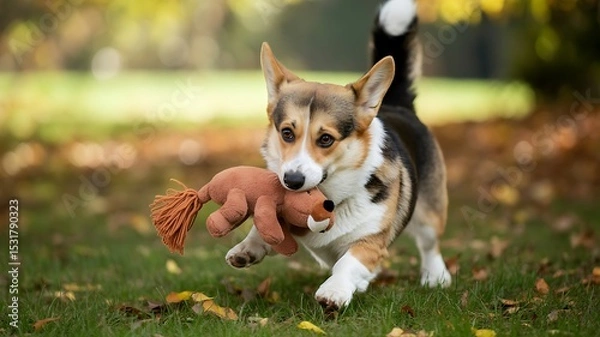 Fototapeta A corgi running on the grass with a toy in its mouth in a park during the daytime in the autumn