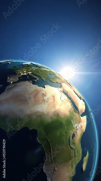 Fototapeta A view of earth from space showing africa europe and the middle east with a bright sun shining above