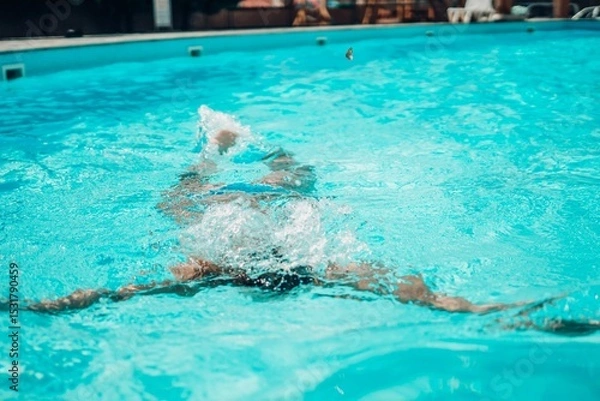 Obraz A woman is swimming in a pool. She is smiling and enjoying herself. The pool is surrounded by trees and there are chairs and a bench nearby.