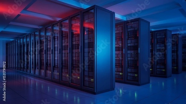 Fototapeta A server room with rows of servers under blue and red lighting in a data center environment space
