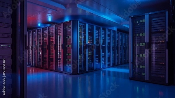 Fototapeta A server room with rows of data servers illuminated by blue and red lights in a dark environment