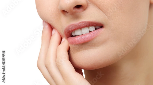 Fototapeta Close up of a young woman suffering from a strong toothache, touching her cheek with her hand, showing white teeth and experiencing dental pain, isolated on transparent background
