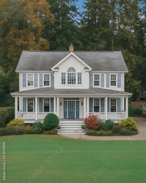 Fototapeta A charming two story house with a large porch and blue shutters surrounded by green trees and lawn