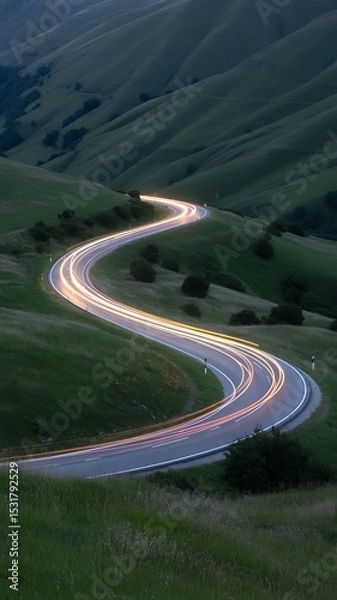 Fototapeta A winding road through green hills with light trails from passing cars at dusk or early evening