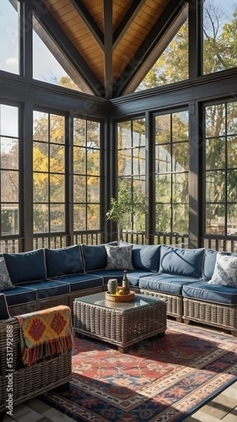 Fototapeta A sunroom featuring a wicker sectional sofa with blue cushions and a large patterned rug is visible