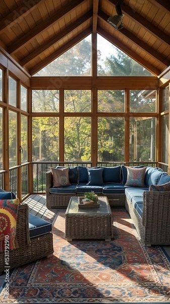 Fototapeta A sunroom with wicker furniture and a large area rug under a wooden ceiling and many windows view