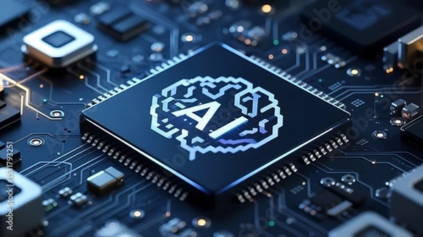 Fototapeta A close up of a computer chip with an ai brain logo on it and surrounding circuit board components