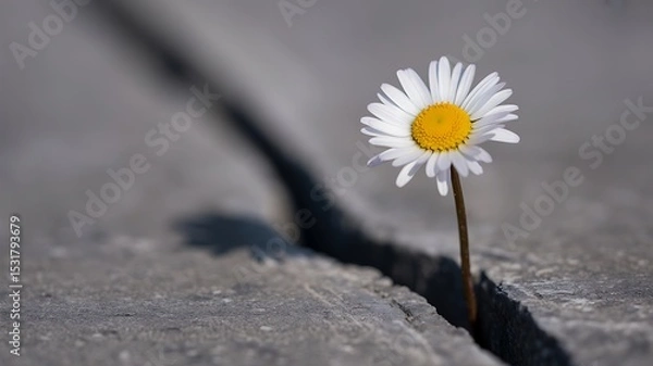 Fototapeta A single daisy growing out of a crack in concrete showing resilience and determination in nature