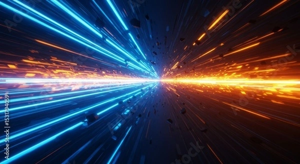 Fototapeta Abstract, vibrant, neon light streaks converging to a central point