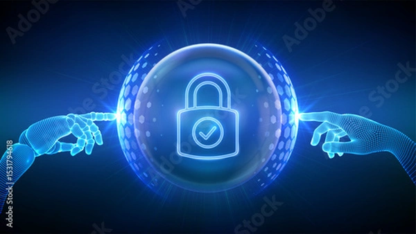 Fototapeta Cyber security concept. Network safety. Information privacy. A robot and a human hands touching a protection sphere shield with a hexagon pattern and a Padlock with Check mark icon inside. Vector.