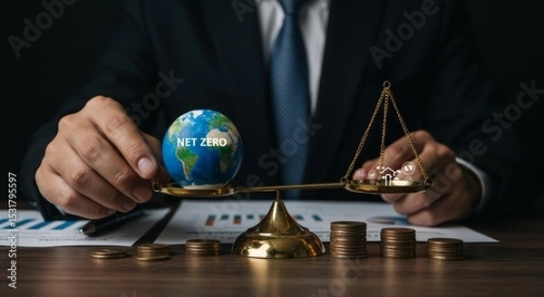 Fototapeta Businessman balancing a globe with net zero concept on a scale