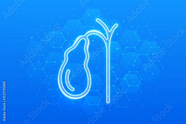 Fototapeta Gallbladder icon. Treatment and prevention of gallstone disease, cholecystitis, cholecystectomy, biliary dyskinesia. Molecular structure. Blue medical background with hexagons. Vector illustration.