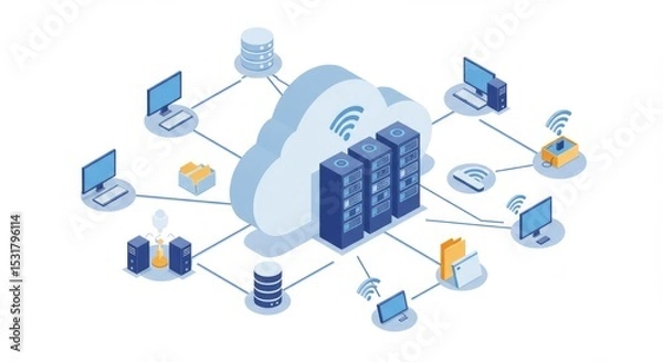 Fototapeta Cloud computing network diagram.  Connecting various devices and servers to a central cloud